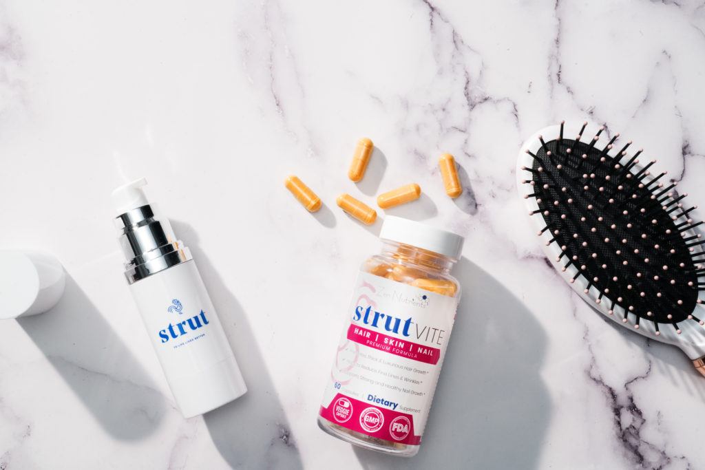 Flatlay product photography of various Strut medications. 