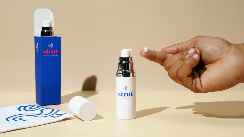 Stylized professional photography of men’s health and hygiene products, including hair loss solutions, captured on a clean backdrop. Photographed by Brittany Echemendia at Two Stories Media’s Clearwater studio, serving Tampa Bay, St. Pete, and Florida.
