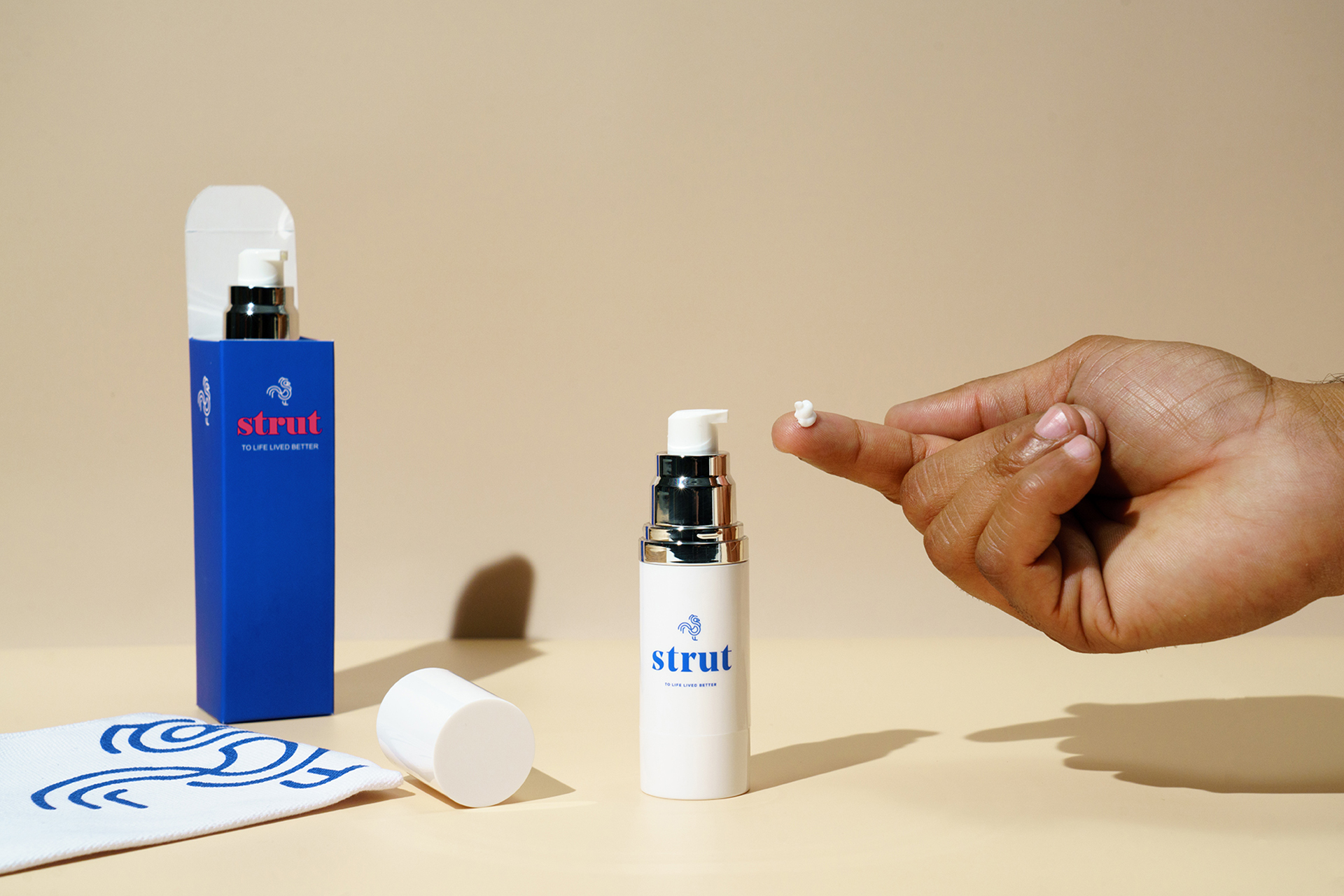 Stylized professional photography of men’s health and hygiene products, including hair loss solutions, captured on a clean backdrop. Photographed by Brittany Echemendia at Two Stories Media’s Clearwater studio, serving Tampa Bay, St. Pete, and Florida.