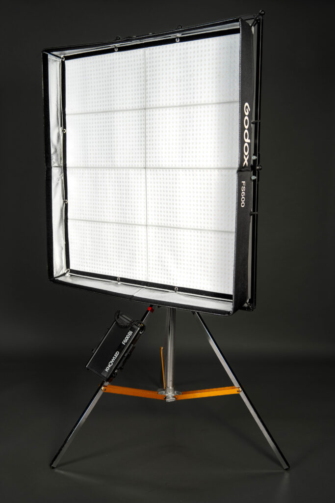 Godox LiteMat FS600 mounted on stand, emitting soft and even LED light.